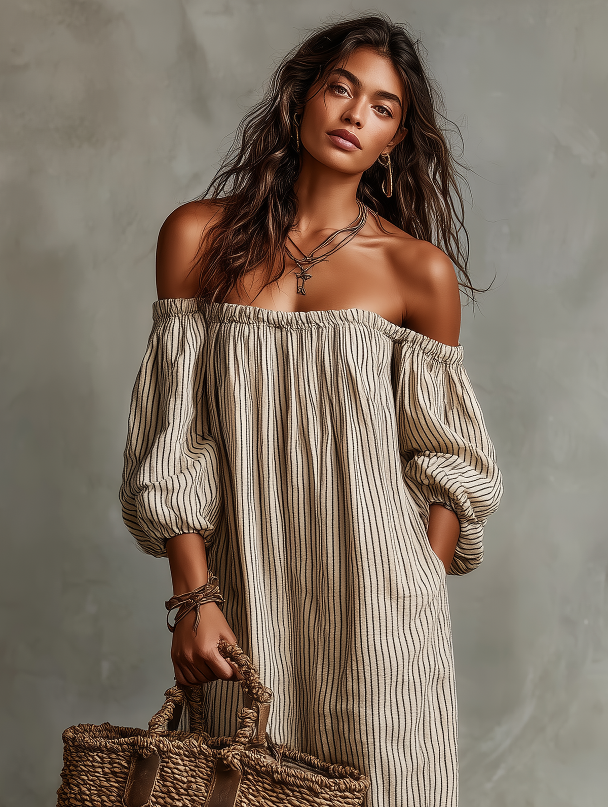 Carmen | Dlouhé šaty z bavlny a lnu s odhalenými rameny