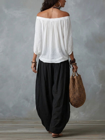 Freja | Vitt Set med Off-Shoulder Top och Lyktobyxor