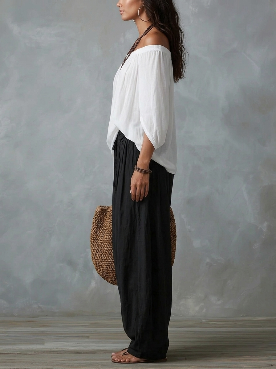 Freja | Vitt Set med Off-Shoulder Top och Lyktobyxor