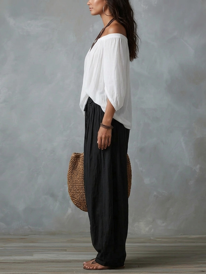 Freja | Vitt Set med Off-Shoulder Top och Lyktobyxor