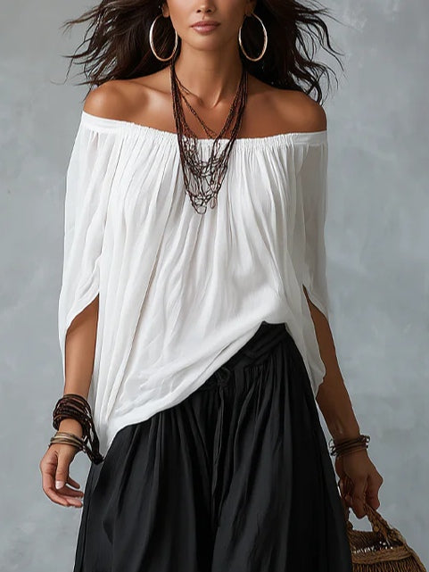 Freja | Vitt Set med Off-Shoulder Top och Lyktobyxor