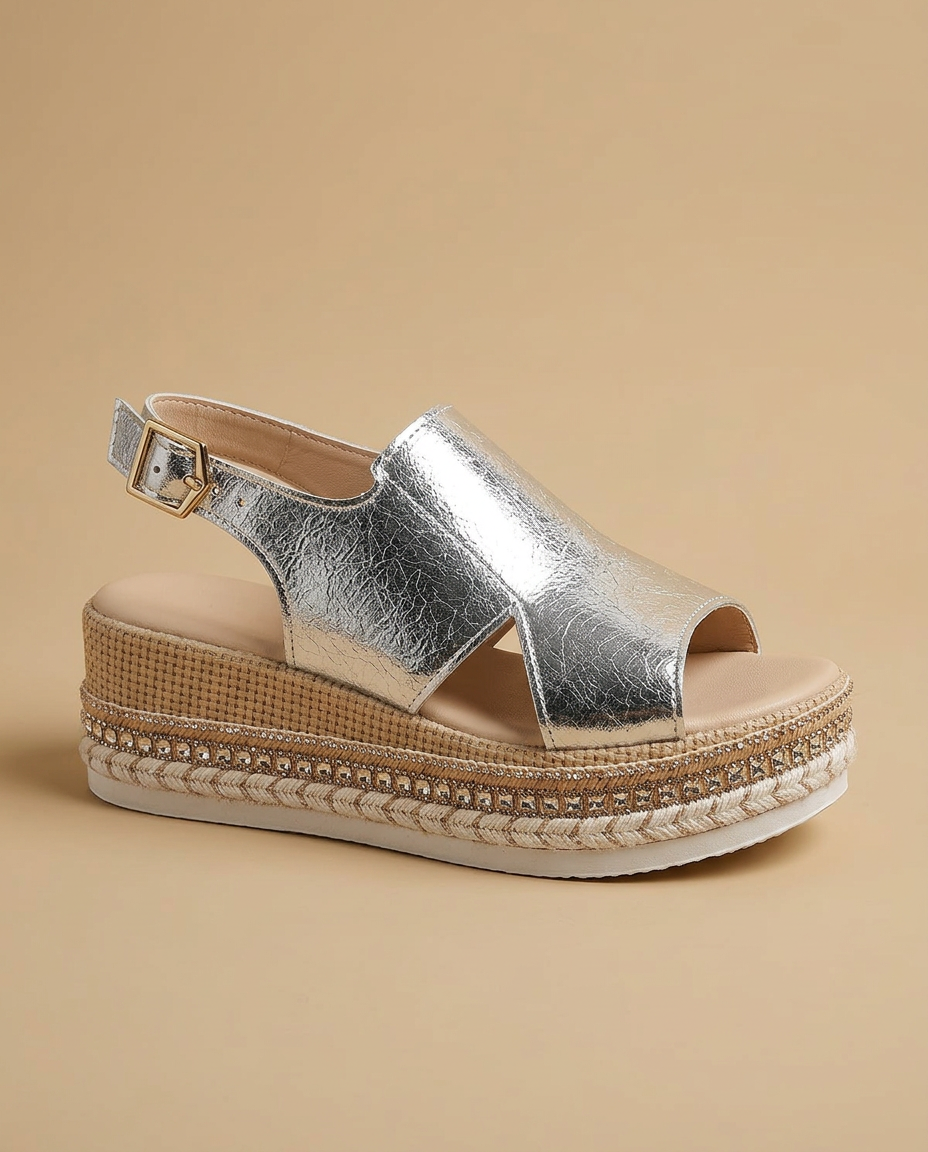 Sandalia Plataforma Cuero Metalizado Croco Tachuelas Doradas Mujer