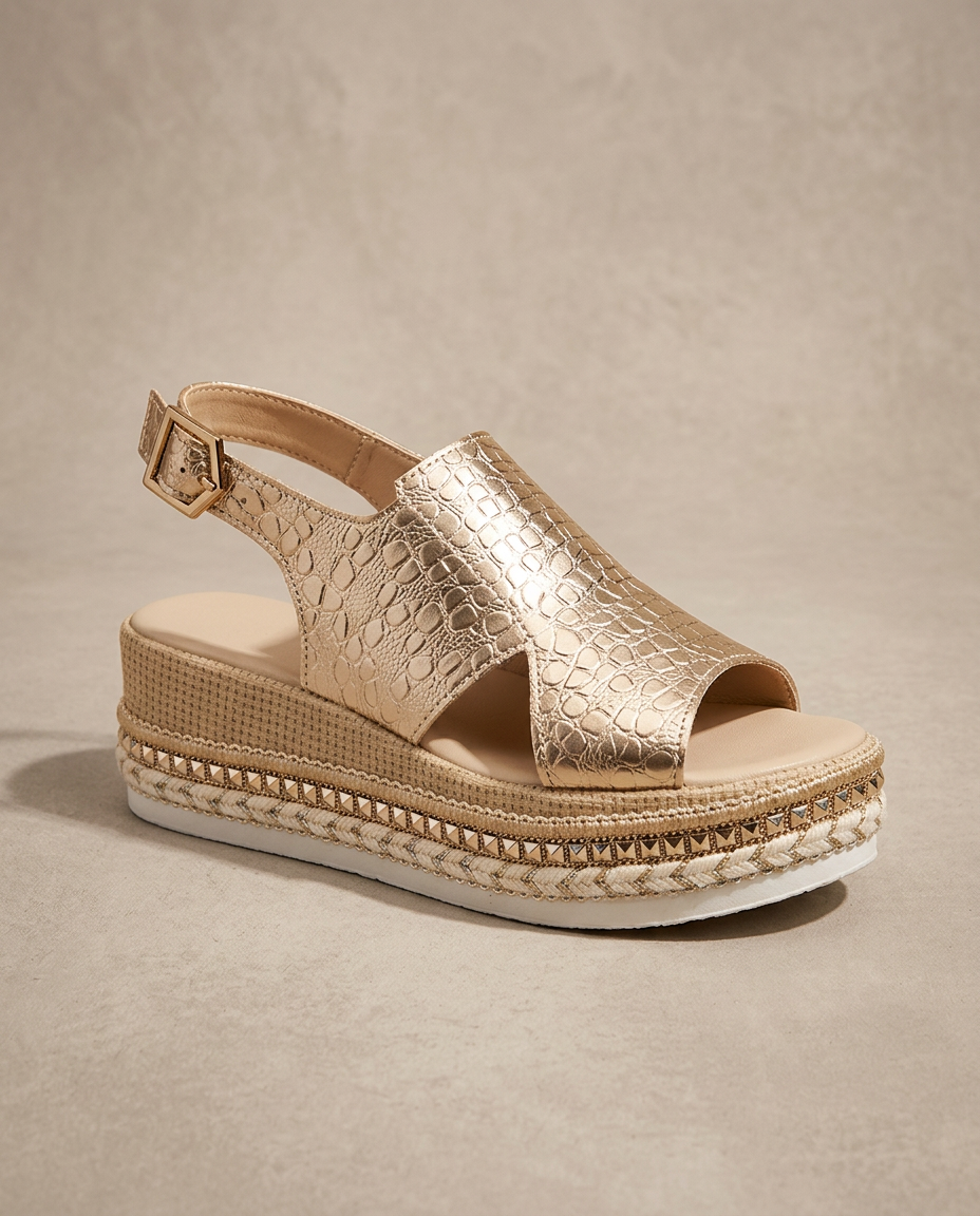 Sandalia Plataforma Cuero Metalizado Croco Tachuelas Doradas Mujer