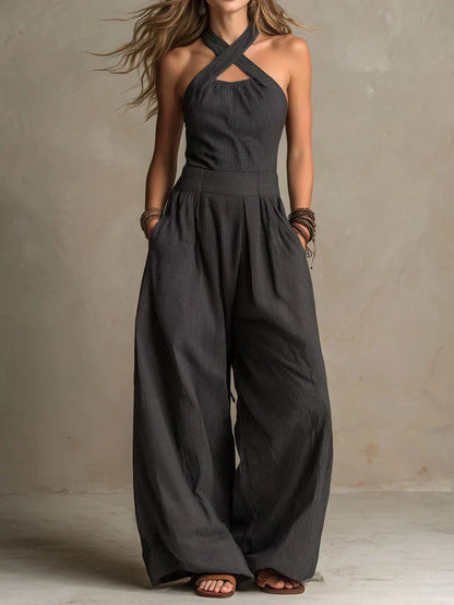Bianca | Jumpsuit i Lin och Bomull med Elegant Korsad Urringning